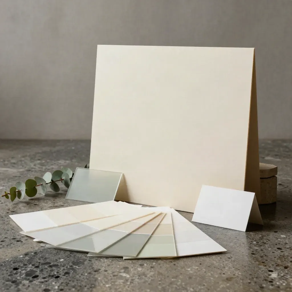 Montagem de identidade visual em papel creme, acrílico e pedra com eucalipto e luz pós-chuva.