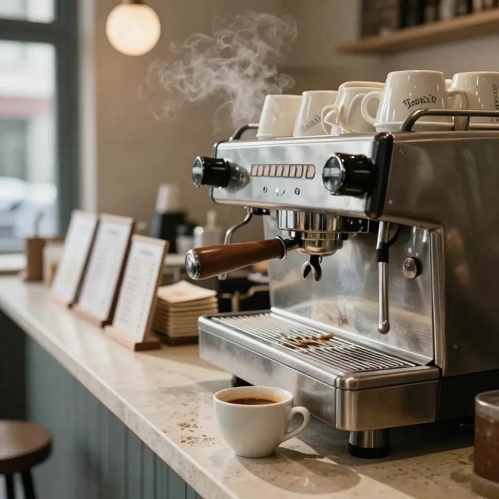 Café de bairro vazio com máquina de espresso, xícaras de cerâmica e balcão de pedra clara.