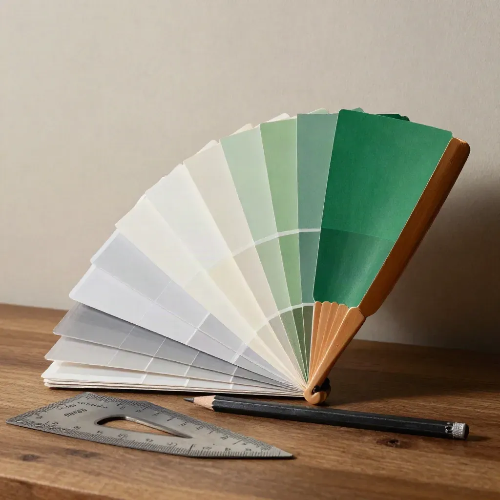 Kit de identidade com amostras de cor, esquadro metálico, folhas quadriculadas e lápis sobre bancada de madeira.