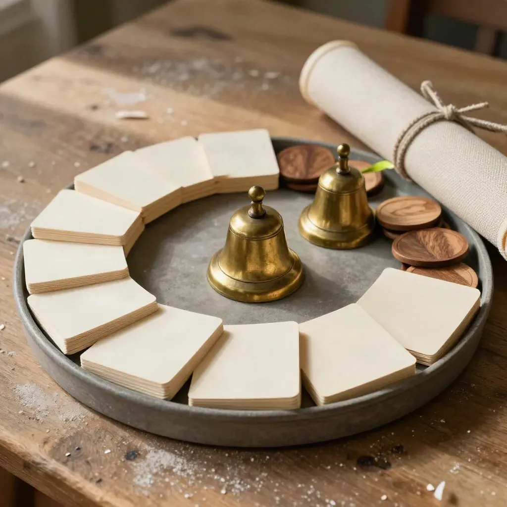 Kit de facilitação em círculo, com peças de madeira, sino, cartões em branco e lona enrolada.