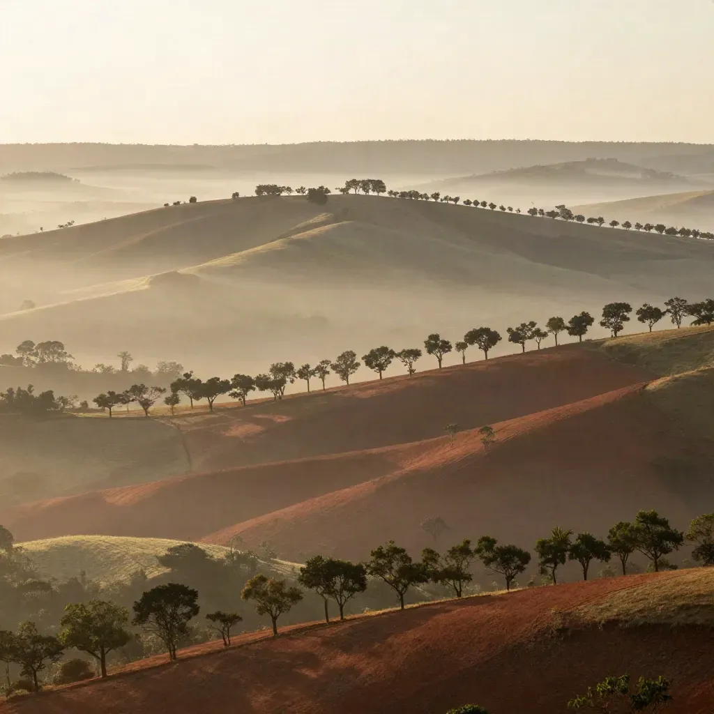 Morros de Campinas ao amanhecer, terra avermelhada e neblina suave sobre o vale.